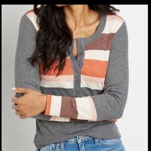 Maurices Gray Henley Long Sleeve Tee with Rust and Pink Stripes NWT